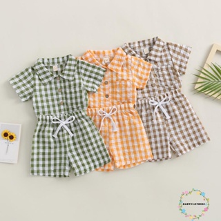 Babyclothes- ชุดเสื้อเชิ้ตแขนสั้น คอปก ลายสก๊อต และกางเกงขาสั้น เอวยางยืด แฟชั่นฤดูร้อน สําหรับเด็กผู้ชาย 2 ชิ้น