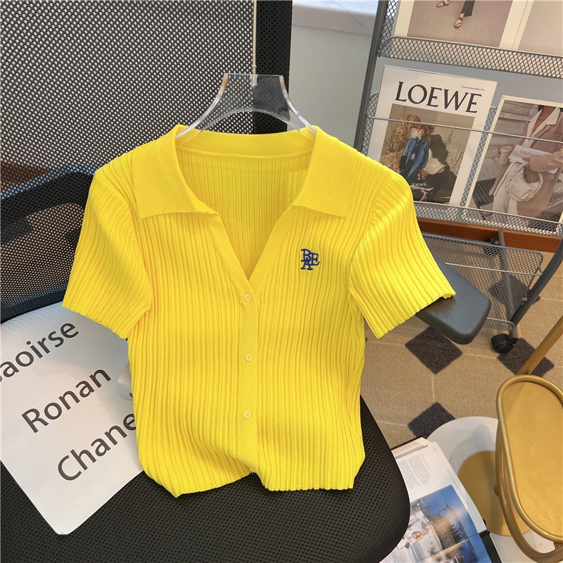 เสื้อเชิ้ตถัก-คอปก-ทรงสลิมฟิต-พิมพ์ลายตัวอักษร-สไตล์เรโทร-แฟชั่นสําหรับผู้หญิง