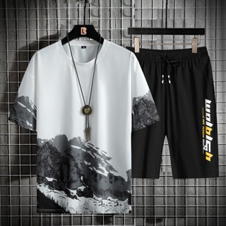 เสื้อยืดลําลอง คอกลม และกางเกงขาสั้น พิมพ์ลาย ระบายอากาศได้ดี แฟชั่นฤดูร้อน สไตล์ฮาราจูกุ สําหรับผู้ชาย