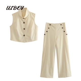 Uibey เสื้อกั๊ก คอปกตั้ง กระดุมแถวเดียว และกางเกง เอวสูง 4735