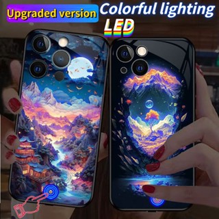 Mg เคสโทรศัพท์มือถือแบบแก้ว ลายภาพวาดภูมิทัศน์ มีไฟกระพริบ LED สําหรับ iPhone 14Promax 14Plus 13Promax 12ProMax 7plus 8plus XR XS X XSMAX 11ProMax 11pro