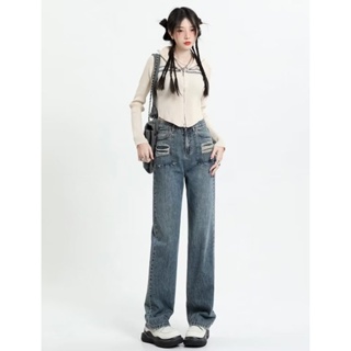 Solenne  กางเกงขายาว กางเกงยีสน์ผู้หญิง ทรงหลวม ๆ ตรง Retro Hip Hop Pants 2023 NEW Style  สบาย High quality Trendy Korean Style A97L865 36Z230909