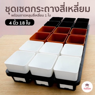 ชุดเซตกระถางสี่เหลี่ยม 4 นิ้ว 18 ใบ พร้อมถาดหลุมสี่เหลี่ยม 1 ใบ