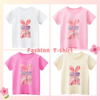 เสื้อยืด ผ้าฝ้าย 100% พิมพ์ลายกระต่าย และผีเสื้อน่ารัก ประดับโบว์ สีสันสดใส สําหรับเด็กผู้หญิง