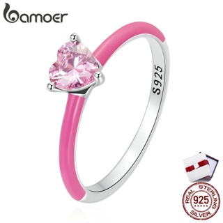 Bamoer แหวนเงิน 925 รูปหัวใจ สีชมพู เรียบง่าย สําหรับผู้หญิง