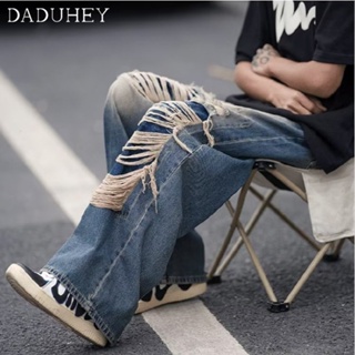 DaDuHey🔥  2023 New Retro High Street High Waist Loose All-Match Ripped Jeans Mens and Womens Hong Kong Style Ins Hip Hop Trend Baggy Straight Casual Pants