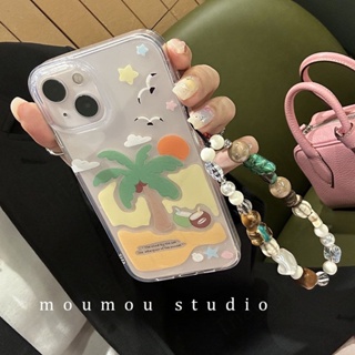 เคสโทรศัพท์มือถือแบบใส ลายต้นมะพร้าว หน้าร้อน พร้อมสายโซ่คล้อง สําหรับ Iphone 14promax 13 12 11 14 13promax 11 12