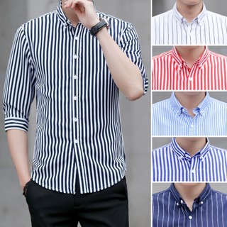 เสื้อเชิ้ตแขนสามส่วนลําลอง ลายทาง โอเวอร์ไซซ์ สไตล์นักธุรกิจ สําหรับผู้ชาย SLC11