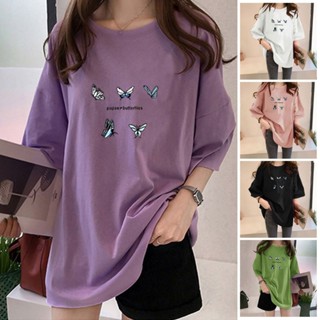 เสื้อยืดลําลอง พิมพ์ลายผีเสื้อ ทรงหลวม ใส่ได้ทุกวัน สําหรับสตรี