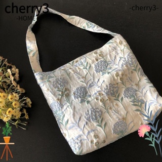 Cherry3 กระเป๋าช้อปปิ้ง กระเป๋าสะพายไหล่ ผ้า ทนทาน ลายดอกไม้ สีฟ้า สไตล์วินเทจ สําหรับผู้หญิง