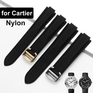 สายนาฬิกาข้อมือไนล่อน 18 มม. 20 มม. สําหรับ Cartier Blue Balloon Bracelet Canvas Leather Watch Band Black Belt with Butterfly Buckle Watch Accessories