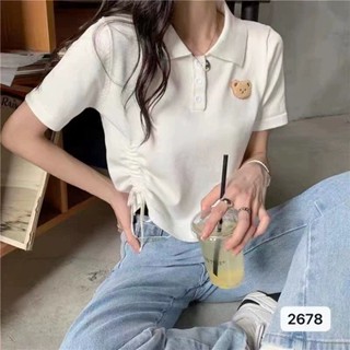 เสื้อยืดโปโล แขนสั้น ผ้าถัก ลายหมี ขนาดเล็ก แฟชั่นฤดูร้อน สําหรับผู้หญิง ER7X