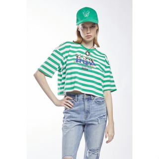 ESP เสื้อทีเชิ้ตเฟรนช์ชี่ลายทาง ผู้หญิง สีเขียว | Frenchie Stripe Crop Tee Shirt (Oversized) | 06040