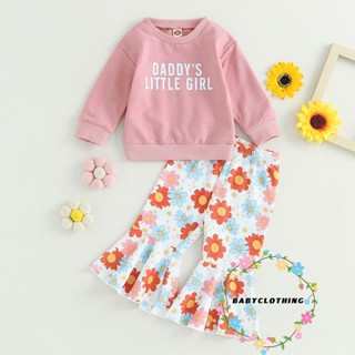 Babyclothes- ชุดเสื้อกันหนาว แขนยาว พิมพ์ลายตัวอักษร และกางเกงขาบาน พิมพ์ลายดอกไม้ สําหรับเด็กผู้หญิง