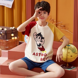 Summer new childrens short-sleeved cotton pajamas Childrens cute cartoon home clothes