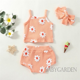 Babygarden-0-24 เดือน เสื้อผ้าเด็กผู้หญิง ชุดเสื้อแขนกุด มินิสลิง + กางเกงขาสั้น ลายดอกไม้ + ที่คาดผมโบว์
