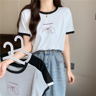 (พร้อมส่ง/ใหม่)#0557-1เสื้อยืดผู้หญิงแขนสั้นเสื้อไหมพรมคอกลมฤดูร้อนแฟชั่นใหม่2023สไตล์เกาหลี