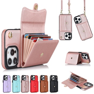 iPhone 14 Pro Max iPhone 13 Pro Max iPhone 14 iPhone 13 mini Leather card slot wallet crossbody necklace lace up rope strap hand pull rope strap multifunctional phone case