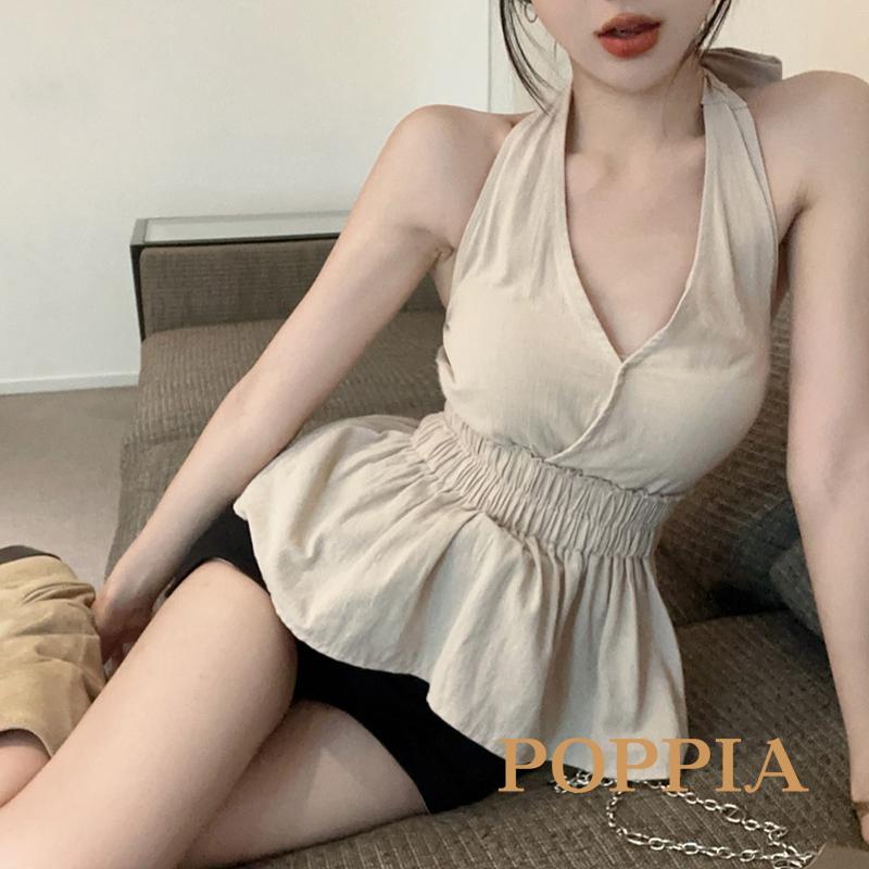 poppia-เสื้อกล้าม-แขนกุด-คอวีลึก-เอวสม็อค-ฤดูร้อน-สําหรับผู้หญิง