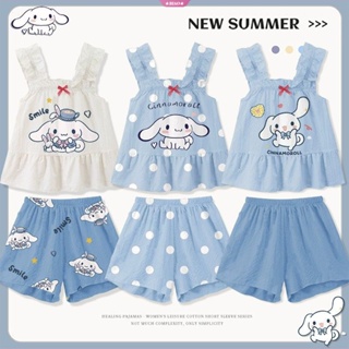 Sanrio ชุดนอน เสื้อเปิดไหล่ แบบบาง ลาย Cinnamoroll Kawaii แฟชั่นฤดูร้อน สําหรับเด็กผู้หญิง