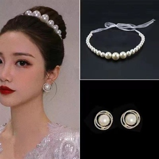 Japanese and Korean Hepburn style bride headgear super immortal pearl hair with glittering diamond earring set wedding hair ornaments wedding dress styling