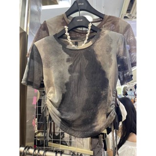 เสื้อยืดแขนสั้น ซีทรู แบบบาง แต่งจับจีบ สองด้าน สีมัดย้อม แฟชั่นฤดูร้อน สไตล์อเมริกันเรโทร สําหรับผู้หญิง 2023