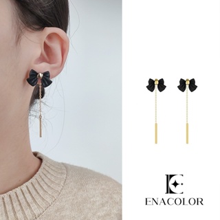 Enacolor ใหม่ ต่างหูเข็มเงิน S925 ประดับโบว์ สีดํา สีทอง ประดับพู่ สวยหรู แฟชั่นสําหรับผู้หญิง