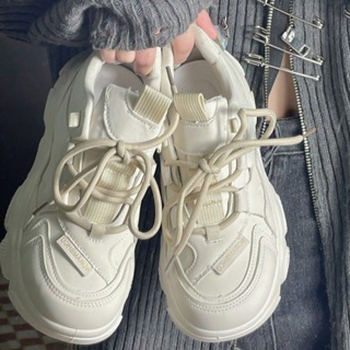 SELINE  รองเท้าผ้าใบผู้หญิง สีขาว พื้นหนา รองเท้าผ้าใบส้นสูงส้นหนา รองเท้าแฟชั่น ผูกเชือก 2023 NEW  High quality Unique พิเศษ สวย B95F21V 37Z230910