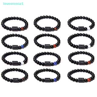 Loveoionia1 สร้อยข้อมือลูกปัดหินนิลธรรมชาติ สีดํา 12 กลุ่มดาว สําหรับผู้หญิง และผู้ชาย