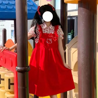 ฤดูร้อนใหม่ Hello Kitty ชุดเข็มขัดสีแดง ชุดนักเรียนหญิง น้องสาว ลายจุด Sanrio สีดํา Kuromi เสื้อเชิ้ตเข็มขัดกระโปรงชุดสองชิ้น