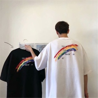 M-8XL Summer tide brand Hong Kong style rainbow print short-sleeved T-shirt men and women trend Japanese round neck_01