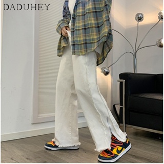 DaDuHey🔥 Mens American Style White High Street Denim Pants Vibe Fashion Brand Design Frayed Tooling Mechanical Style Jeans