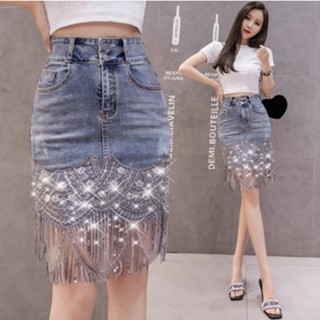 [New product in stock] tassel stretch denim skirt womens korean style high waist sequin skirt sexy denim hip skirt quality assurance SLWE