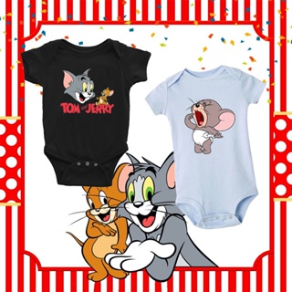 ชุดบอดี้สูท รอมเปอร์ แขนสั้น ลายการ์ตูน Tom and Jerry สีดํา สําหรับเด็กทารก PFWN