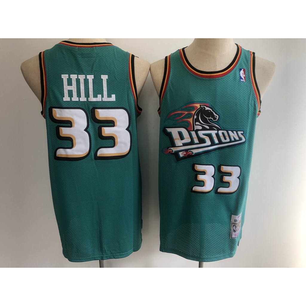 detroit-pistons-33-grant-hill-เสื้อบาสเก็ตบอลสีดำของผู้ชายสั้น-เสื้อยืดกีฬา