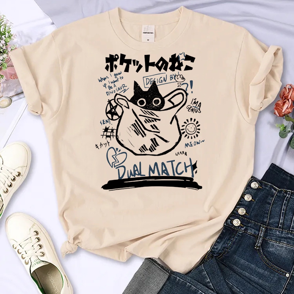 เสื้อยืด-พิมพ์ลายแมว-สไตล์ฮาราจูกุ-สตรีท-สําหรับผู้หญิง