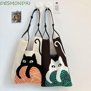 Desmondri กระเป๋าถือ กระเป๋าช้อปปิ้ง ผ้าถัก ลายการ์ตูนแมว ความจุขนาดใหญ่ แบบพกพา เหมาะกับฤดูร้อน สําหรับผู้หญิง