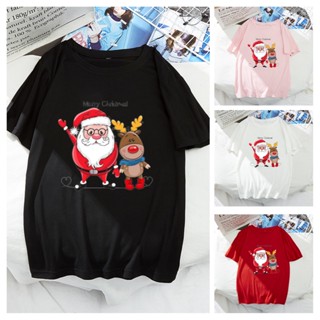 ที่กำหนดเอง Merry Christmas T shirt คริสต์มาสซานตาคลอสกวางเสื้อยืดชายหญิงคู่แขนสั้น