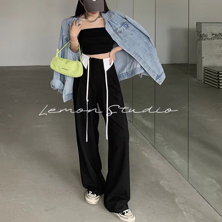 lemon-studio-กางเกงขายาว-เกาหลี-เสื้อผ้าผู้หญิง-กางเกงสีดํา-เอวสูงปรี๊ด-กางเกงลําลอง-tjl024