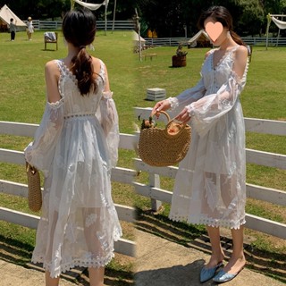 ชุดเดรสกระโปรงยาว คอวี เปิดไหล่ แต่งลูกไม้ เหมาะกับใส่ถ่ายรูป สําหรับสตรี