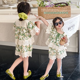 พร้อมส่ง ลดกระหน่ํา ชุดเสื้อเชิ้ต กางเกงขาสั้น แต่งลูกไม้ ลายดอกไม้ สไตล์เกาหลี ญี่ปุ่น ฤดูร้อน สําหรับเด็กผู้หญิง 2023