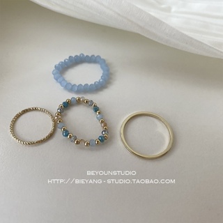แหวนลูกปัด สีฟ้า แฟชั่นสําหรับผู้หญิง จํานวน 4 ชิ้น ต่อชุด