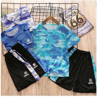 [110-160] ชุดกีฬา เสื้อแขนสั้น กางเกงขาสั้น ผ้าเรยอน แบบแห้งเร็ว สําหรับเด็กผู้ชาย สองชิ้น