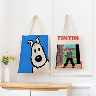 กระเป๋าถือ กระเป๋าช้อปปิ้ง พิมพ์ลาย Adventures Tintin สองด้าน เป็นมิตรกับสิ่งแวดล้อม เหมาะกับของขวัญกลางแจ้ง สําหรับผู้หญิง