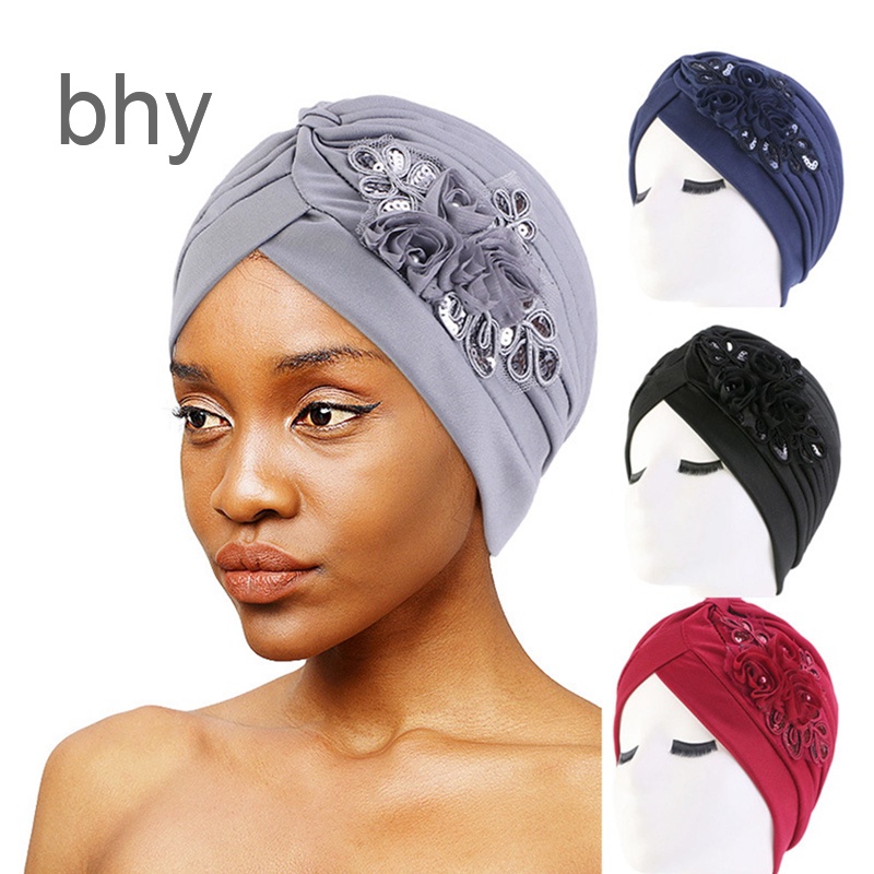bhy-ผู้หญิง-ดอกไม้-ผ้าโพกหัว-หมวกมุสลิม-ยืดหยุ่น-เลื่อม-ผ้าโพกหัว-ผ้าพันคออิสลาม-ผ้าโพกหัว-หมวกอินเดีย