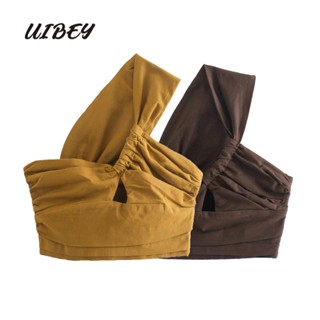 Uibey เสื้อท็อป ผ้าลินิน เปิดไหล่ข้างเดียว สีพื้น 9413