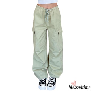 Blessedtime- กางเกงคาร์โก้ ขายาว สีพื้น มีหลายกระเป๋า สําหรับผู้หญิง