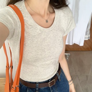 [พร้อมส่ง] เสื้อยืดคอกลม ผ้าฝ้าย แบบยืดหยุ่น เข้ารูป แฟชั่นฤดูร้อน