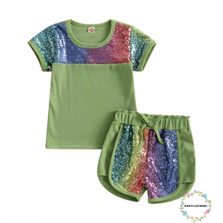 Babyclom- เสื้อยืดแขนสั้น ประดับเลื่อมกลิตเตอร์ และกางเกงขาสั้น 2 ชิ้น สําหรับเด็กวัยหัดเดิน