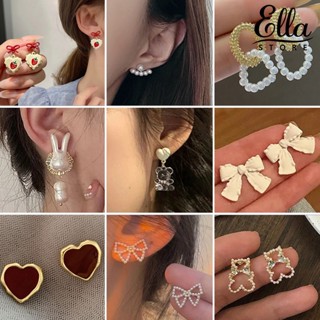 Ellastore123 ต่างหูสตั๊ด ประดับโบว์ ไข่มุกเทียม ลายดอกไม้ สไตล์วินเทจ 1 คู่